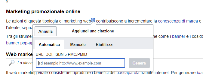 screenshot aggiungi citazione per ottenere link da wikipedia