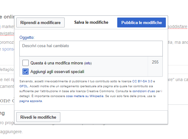 screenshot pubblica modifiche come ottenere link da wikipedia