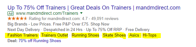screenshot di Google AdWords estensioni