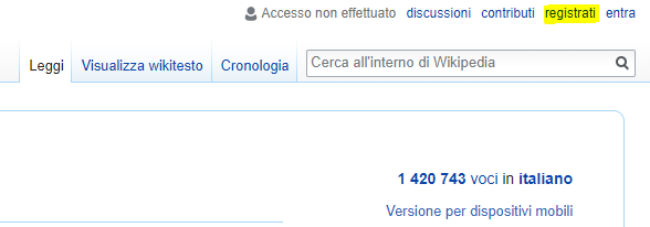 screenshot su come registrarsi per ottenere link da wikipedia