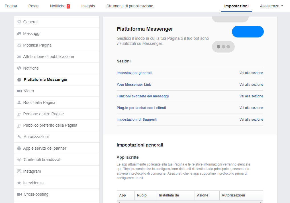 Pagina impostazioni della Piattaforma Messenger su Facebook - Exelab Digital Marketing Agency Roma