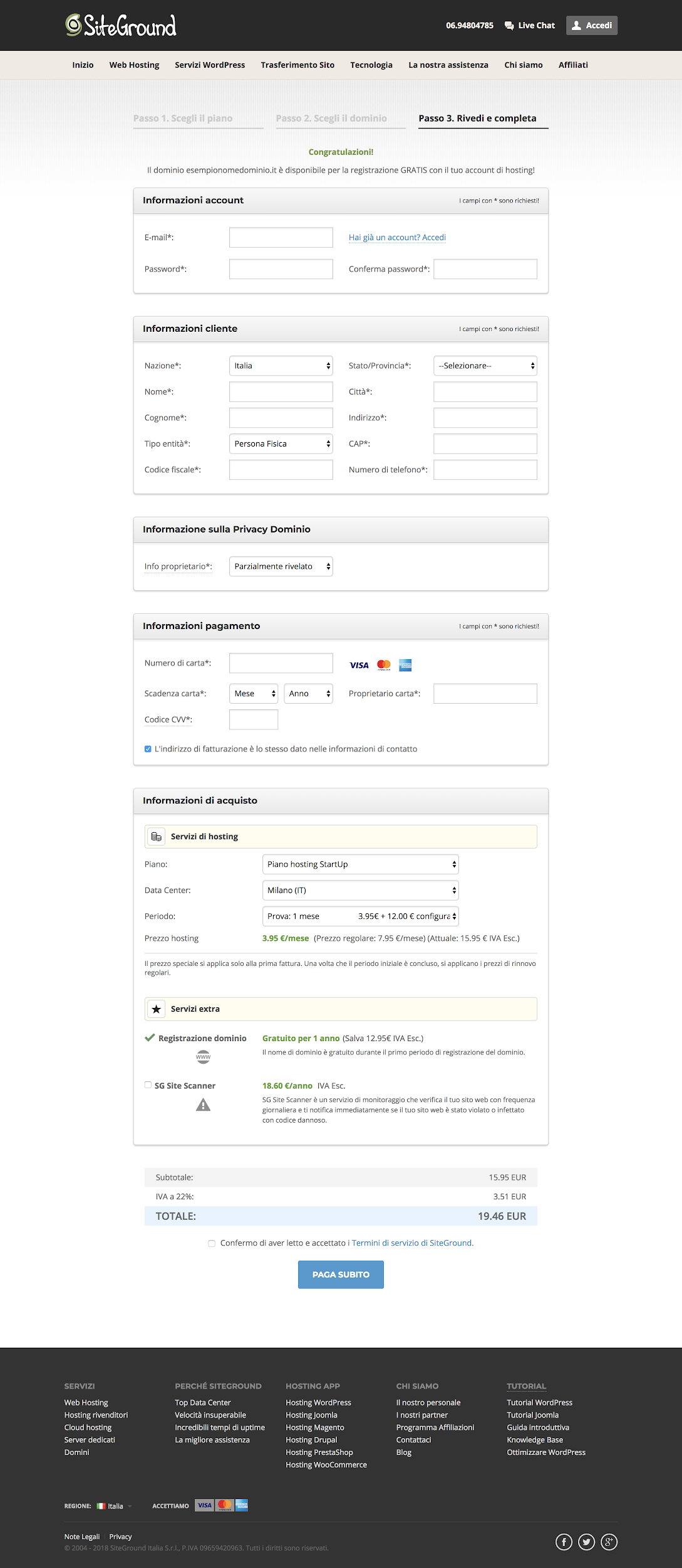 Hosting WordPress SiteGround: completamento acquisto