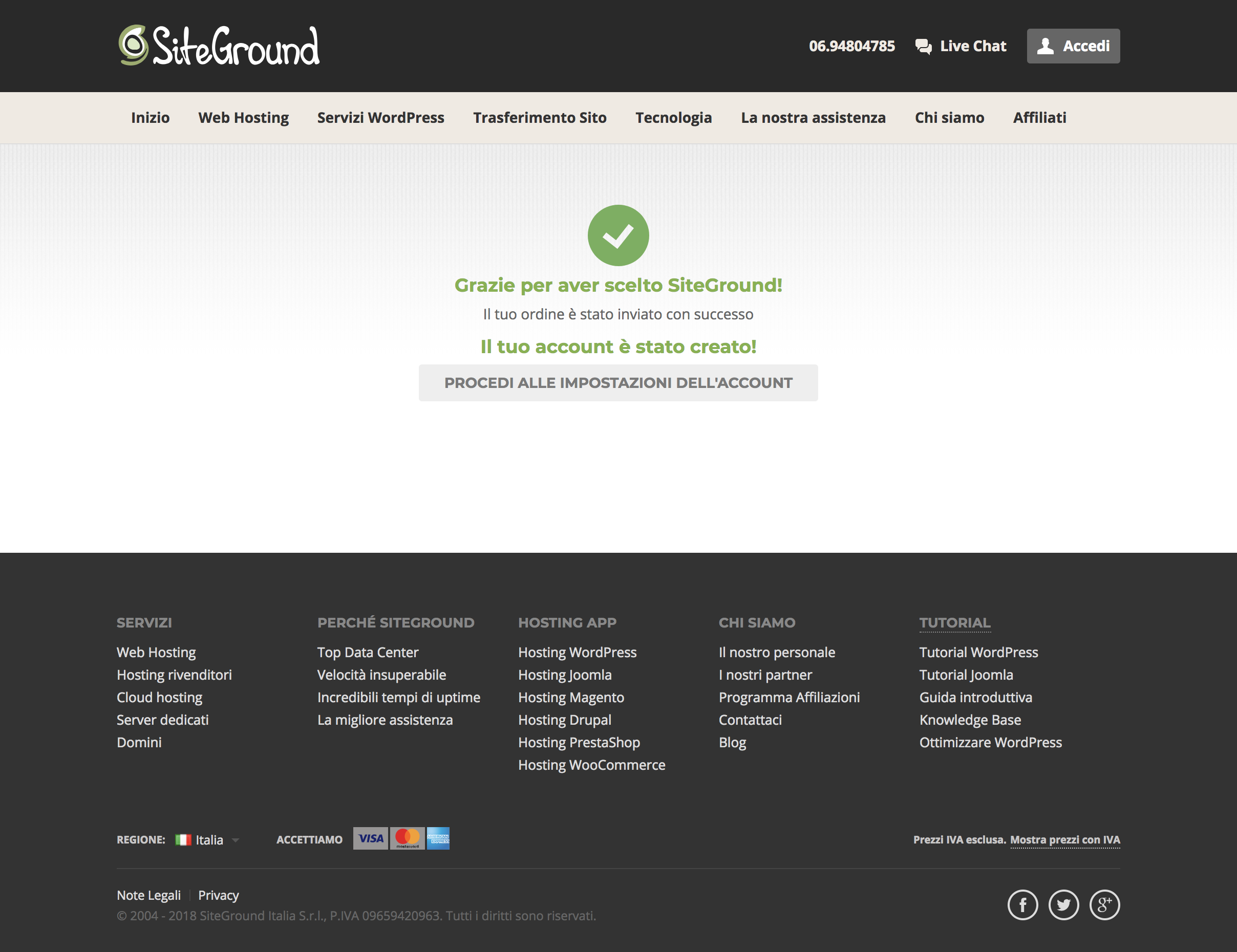 Hosting SiteGround WordPress: pagina di conferma creazione account