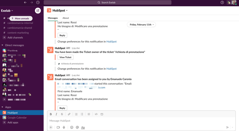 slack hubspot notifiche