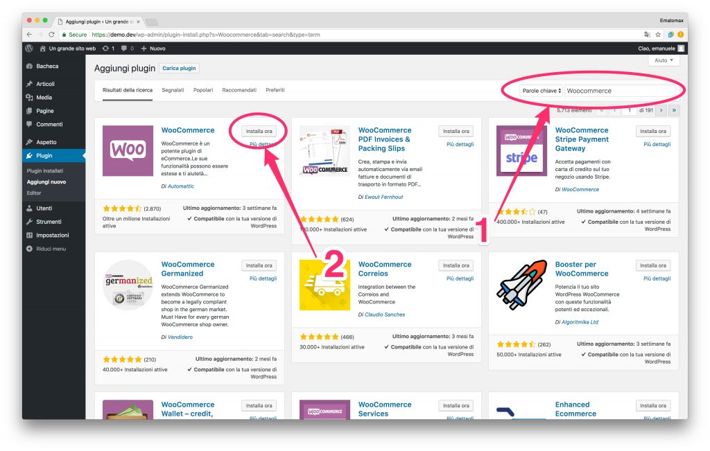 Cerca "woocommerce", quindi clicca su "Installa Ora"