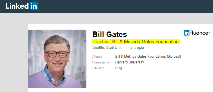 Esempio di titolo in linkedin sul profilo di bill gates come funziona linkedin