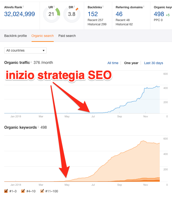 Andamento del traffico e delle keyword di un sito di vendita di articoli usa e getta biodegradabili