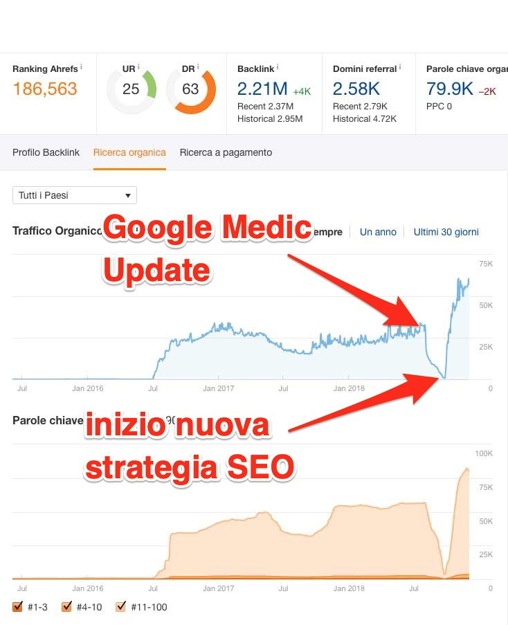 Andamento del traffico organico e delle keyword indicizzate di un sito di informazione e divulgazione scientifica