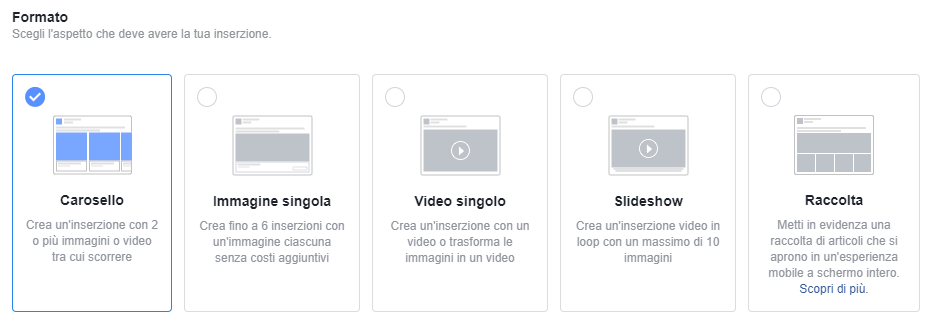 screenshot dei tipi di ad per creare campagne Facebook 