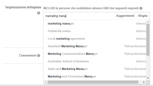 screenshot di interessi per targetizzazione per creare campagne Facebook 