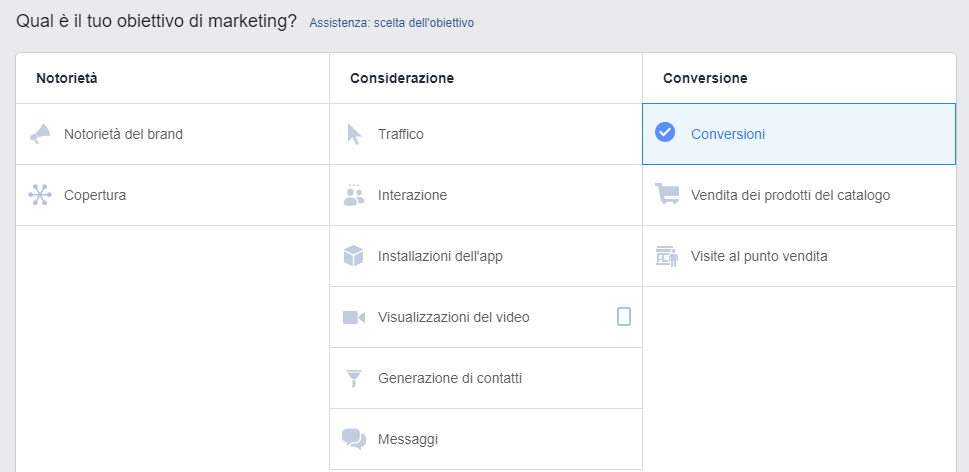 Screenshot obiettivi Campagna Facebook