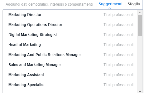 screenshot professione marketing manager Facebook