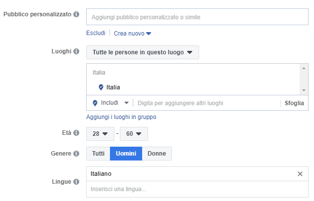 screenshot per targetizzazione per creare campagne Facebook 