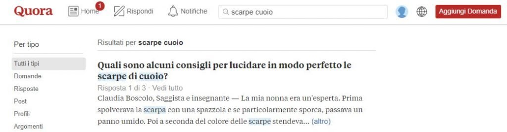 snippet di quora usato per trovare parole chiave